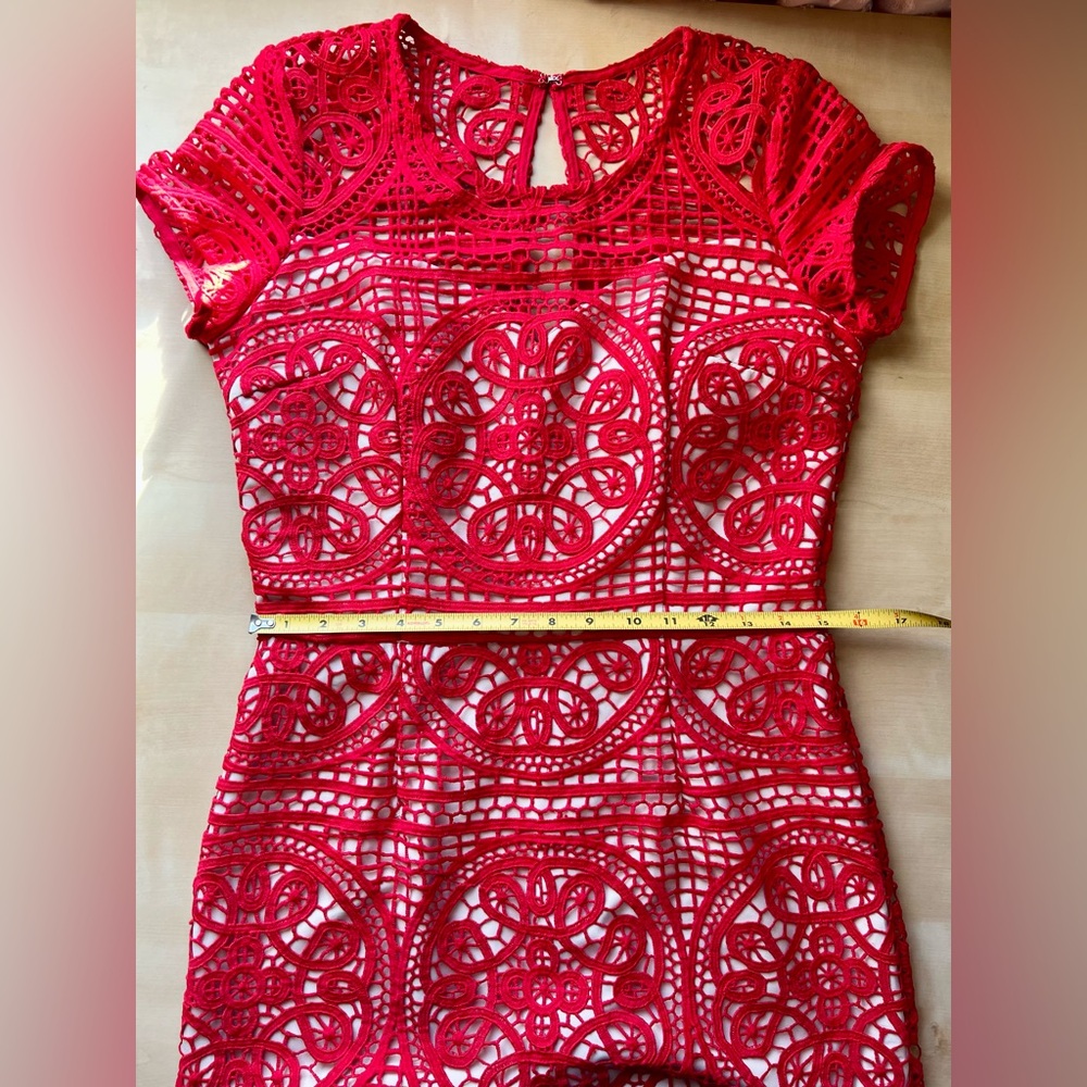 Red Lace Illusion Mini Sheath Dress Size 8 Date Night Wedding guest, Cocktail - Picture 6 of 11